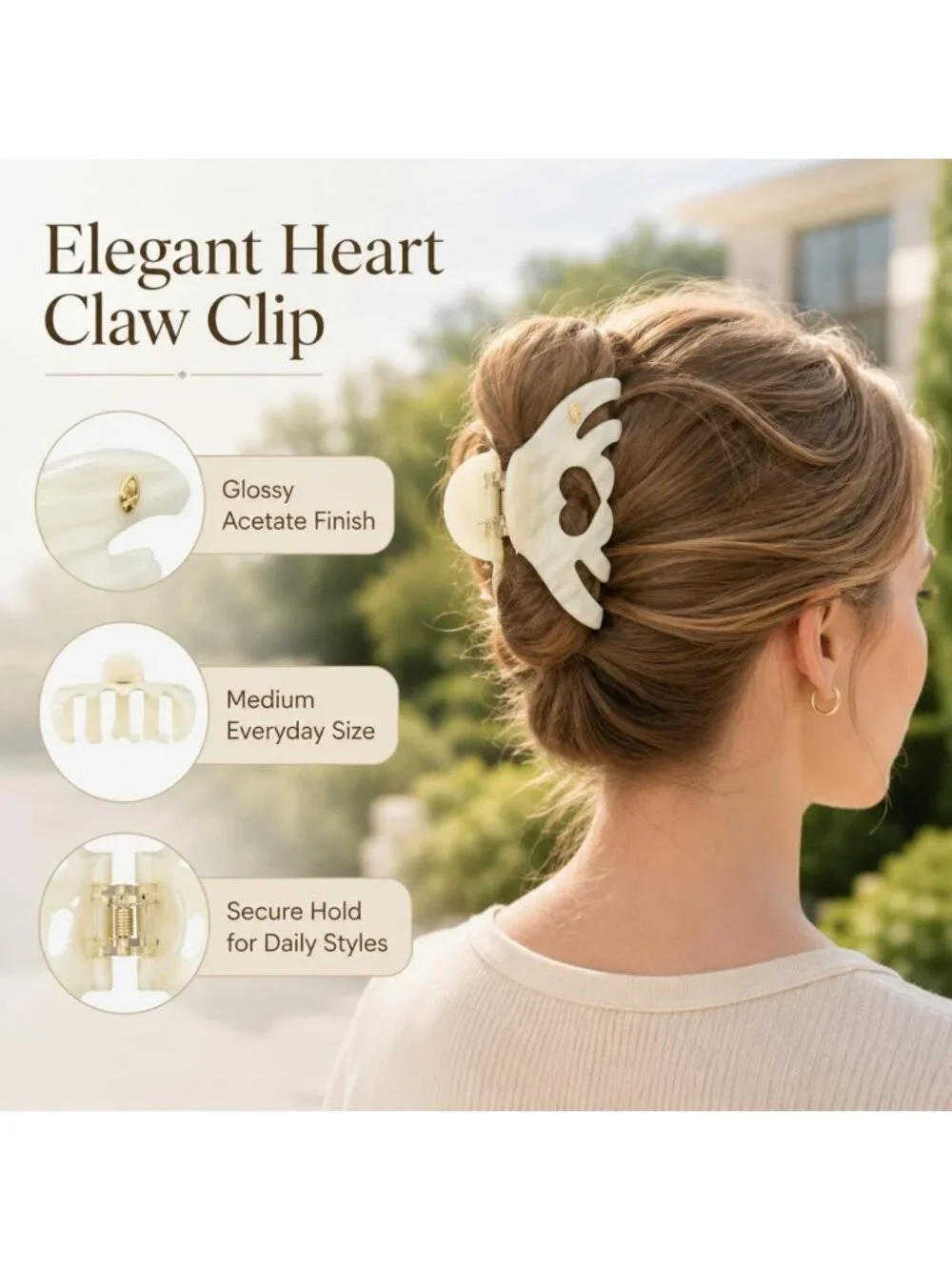 Durable Heart-Shaped Acetate Hair Clips - 2 Pack Medium Claw Clips for Updos